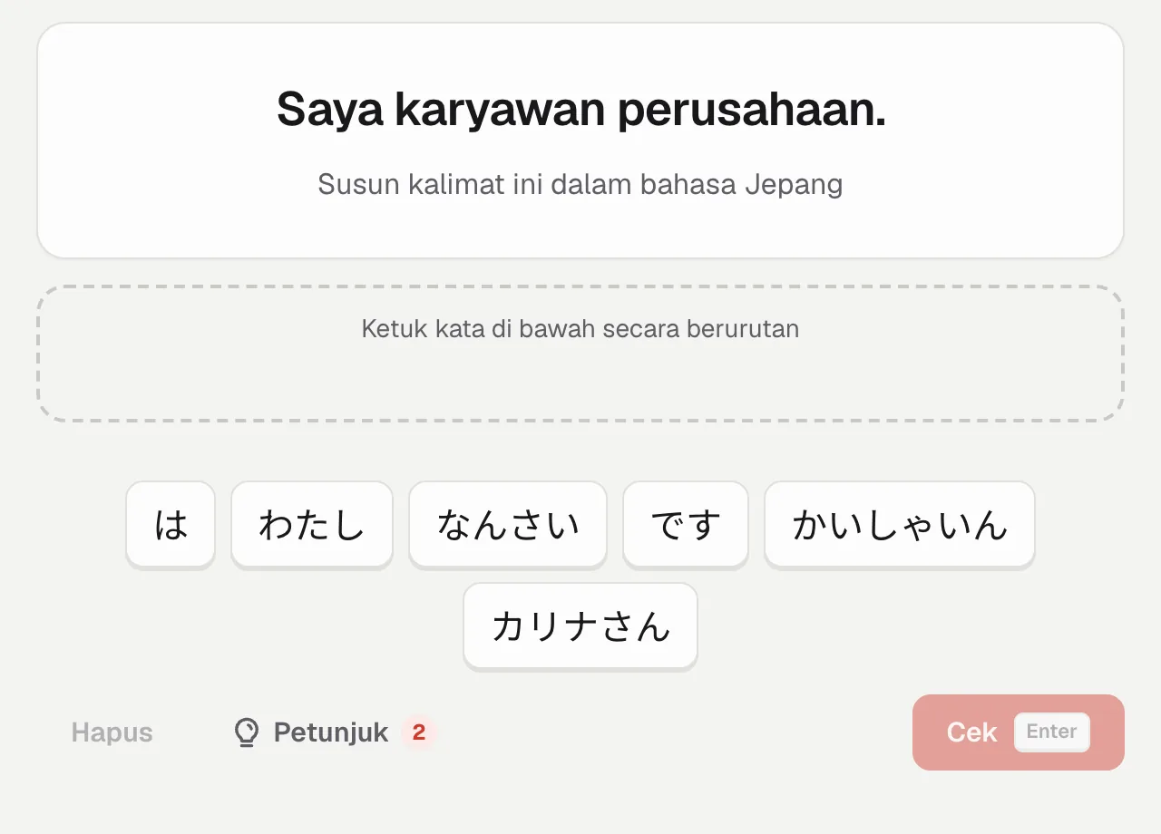 Menyusun kalimat: sebuah terjemahan dan ubin kata Jepang untuk menyusunnya