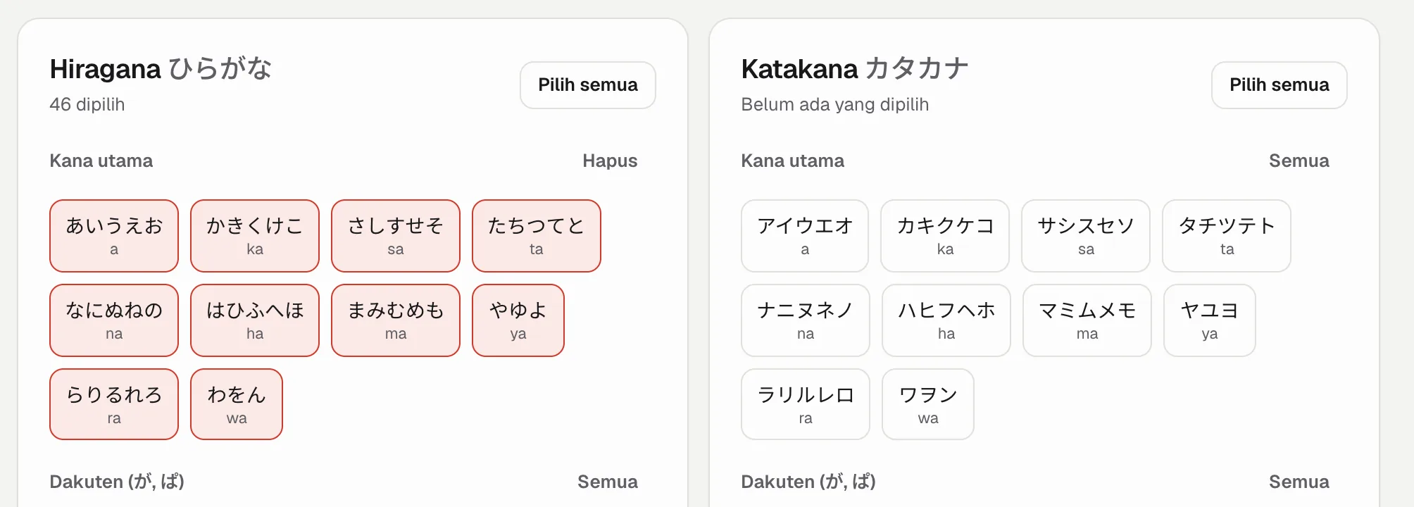 Kuis kana: pilih baris hiragana dan katakana yang mau kamu latih